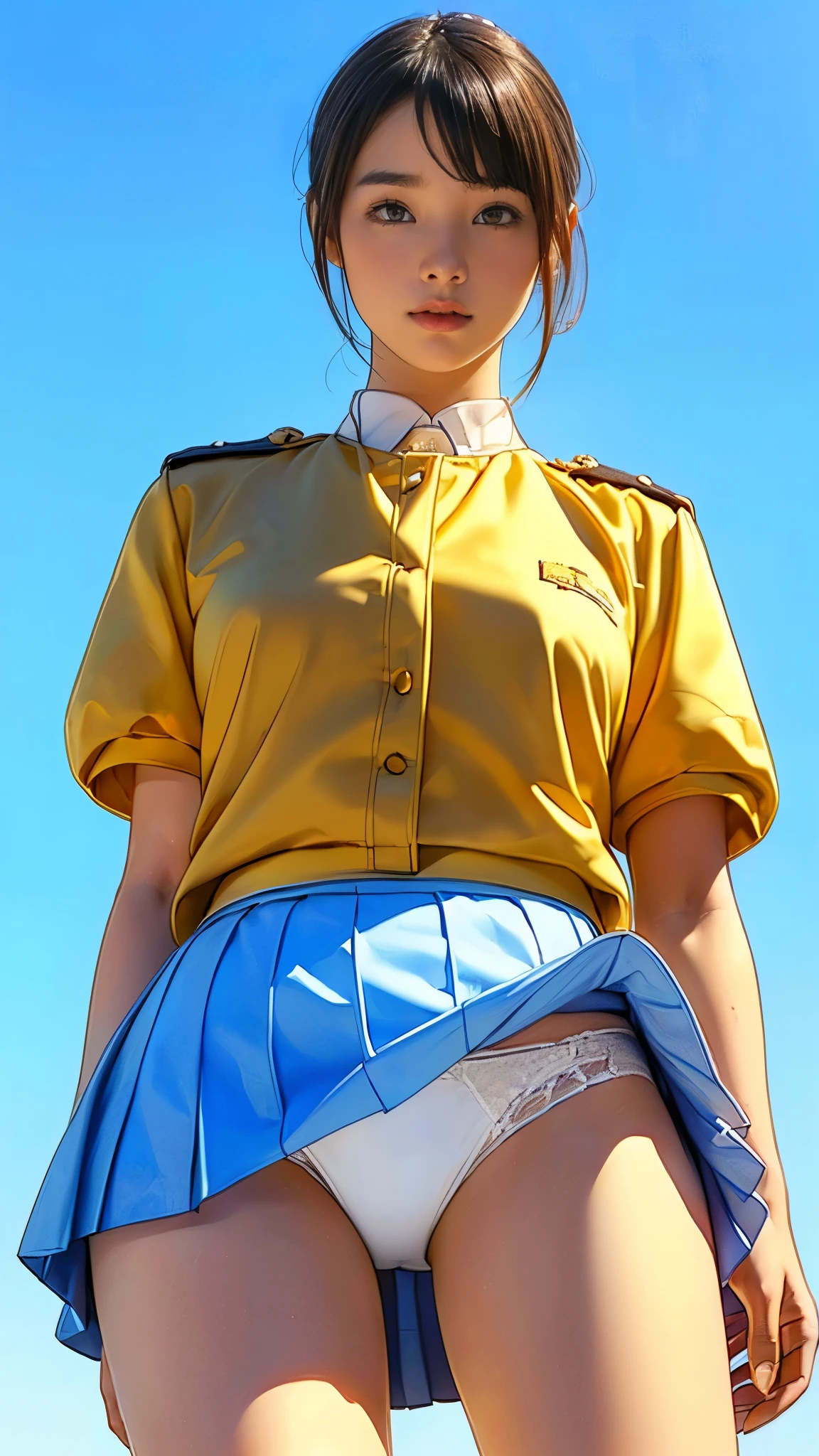(One Girl, -yeld gi,(Woman in uniform:1.5),(mini skirt:1.5),(((Skirt Lift:1.5))),(stand with feet apart:1.2),((Little white panties:1,5)),(short hair),(front:1.5),(From below:1.2),(Beautiful Eyes),(Beautiful Face),(Very detailedな顔:1.5),((Very detailedな手の描画:1.5)),(blush:1.5),((Thin thighs:1.4)),(Beautiful body:1.5),(Very slim:1.4),(Clear blue sky in the background:1.5),(Gentle light:1.5),(Written boundary depth:1.5),break(((masterpiece:1.5),(Highest quality:1.5),(Very detailed:1.5),(High resolution:1.5),(Realistic:1.5),(Realistic:1.5))),8k