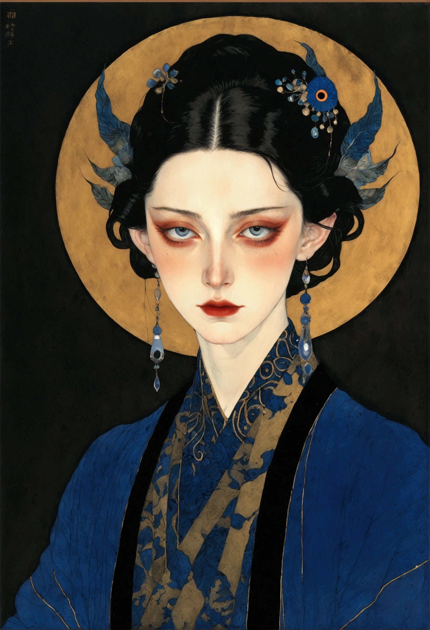The art of math,Digital Illustration,Drawing,Decorative paintings,Watercolor,(((Harry Clark (Harry Clarke) style,圣地亚哥·卡鲁索style))),Simple,clean,Fine painting style,(((The third eye on the forehead。short hair,Pointed ears,robe))),Wide Angle,Black and blue,Solid color background,Human anatomy is correct
