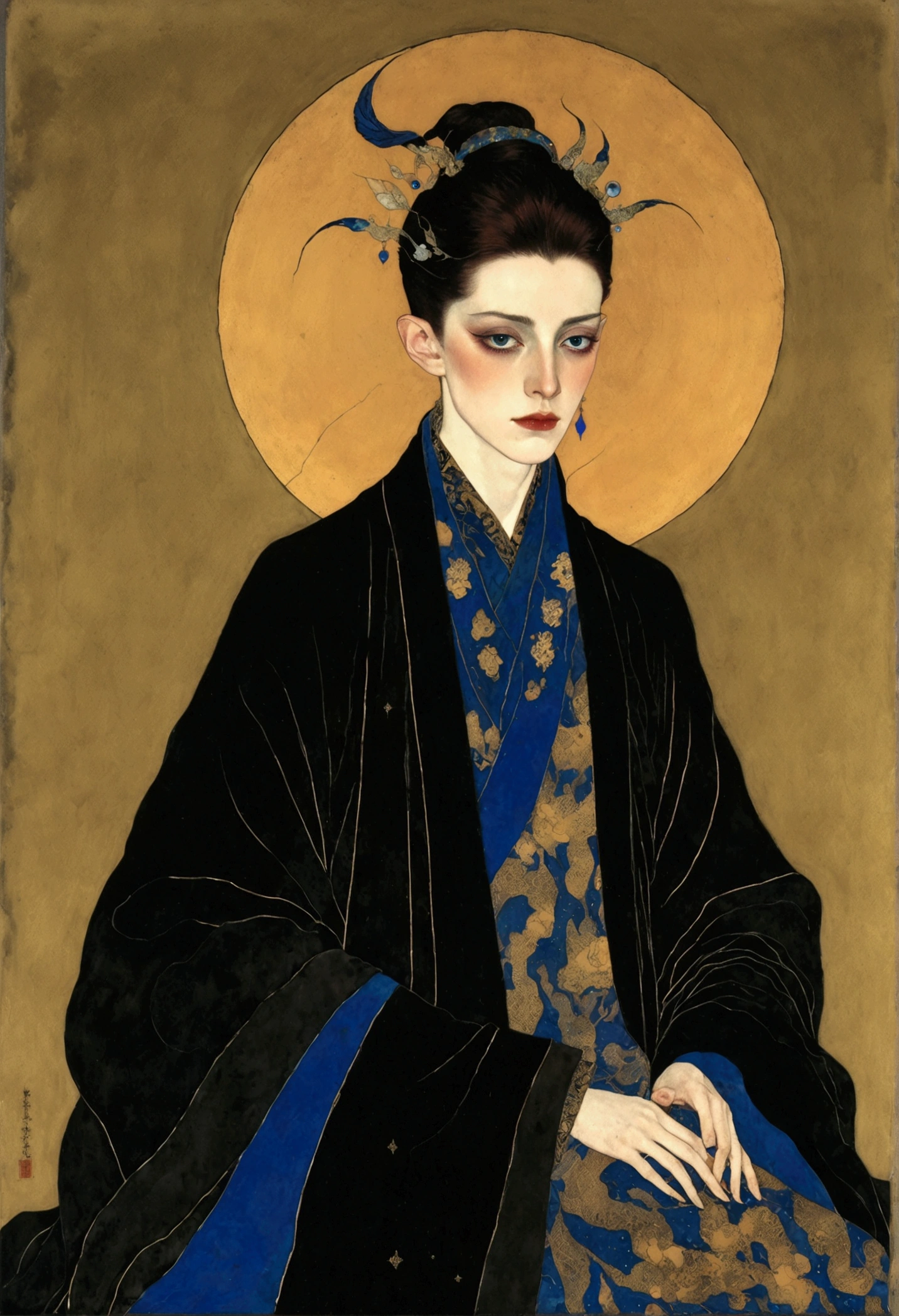 The art of math，Digital Illustration，Drawing，Decorative paintings，Watercolor，(((Harry Clark (Harry Clarke) style,圣地亚哥·卡鲁索style)))，Simple，clean，Fine painting style，(((The third eye on the forehead。short hair，Pointed ears，robe)))，Wide Angle，Black and blue，Solid color background，Human anatomy is correct