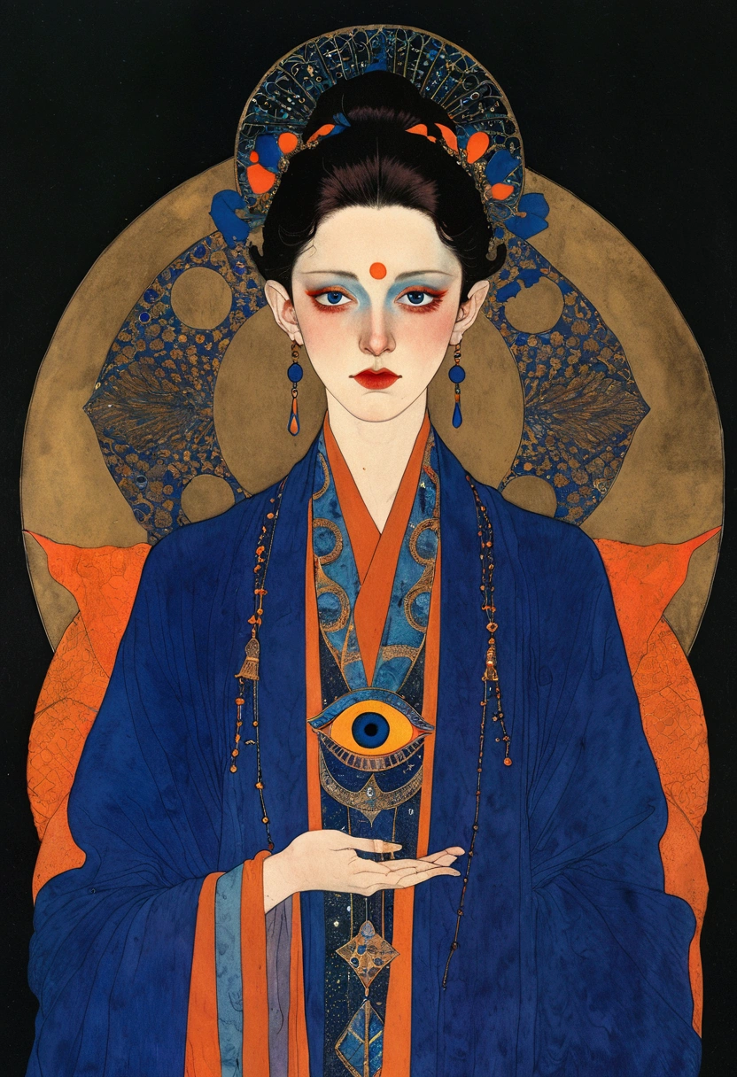 The art of math，Digital Illustration，Drawing，Decorative paintings，Watercolor，(((Harry Clark (Harry Clarke) style,圣地亚哥·卡鲁索style)))，Simple，clean，Fine painting style，(((The third eye on the forehead。short hair，Pointed ears，robe)))，Wide Angle，Black and blue，Solid color background，Human anatomy is correct