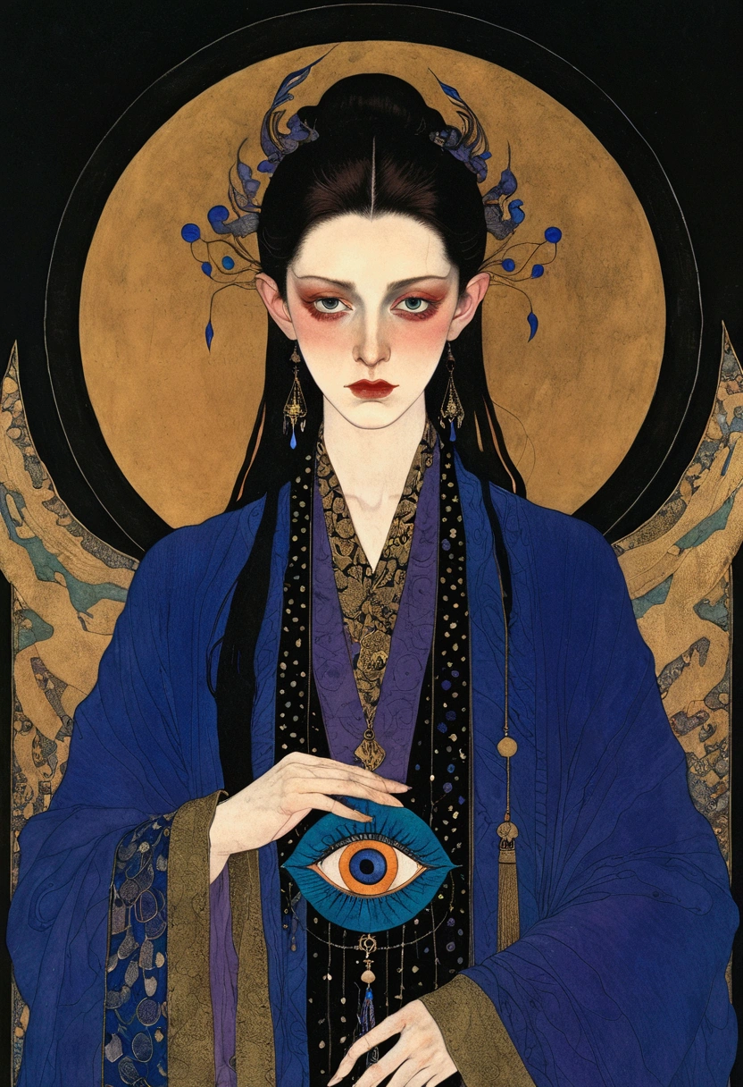 The art of math,Digital Illustration,Drawing,Decorative paintings,Watercolor,(((Harry Clark (Harry Clarke) style,圣地亚哥·卡鲁索style))),Simple,clean,Fine painting style,(((The third eye on the forehead。short hair,Pointed ears,robe))),Wide Angle,Black and blue,Solid color background,Human anatomy is correct