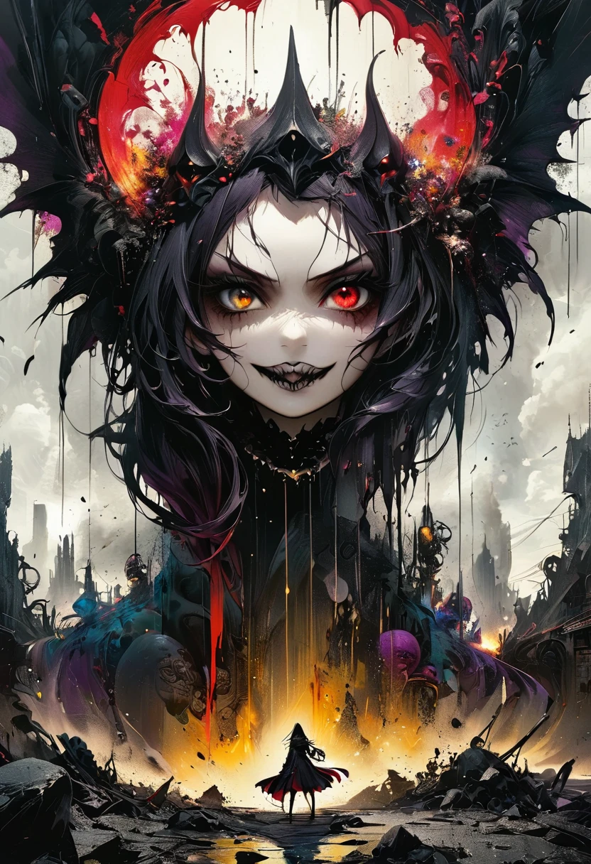 Dark and Torn, ((Lonely 1 Dark Malicious Underworld Woman Evil Smile, I narrowed my eyes.:1.3)), Beautiful muscular body, intense expression, he has a gun, (Clothing color, warm, orange, yellow, violet: 1.3), shortageれ果てた野原に立つ, Dramatic lighting, Strong Shadows, Sand Texture , High Contrast, Bright colors, Dynamic pose, Strong stance, shortageんだ背景, Explosive atmosphere, Dystopia Theme, Surreal elements, Digitally drawn illustrations, High resolution, Intricate details, Dramatic composition, Avant-garde and chaotic brushwork, Gothic style, Intense emotions, Scale Epic, to be born々shortage々Rough and gritty, A fascinating and provocative work of art..