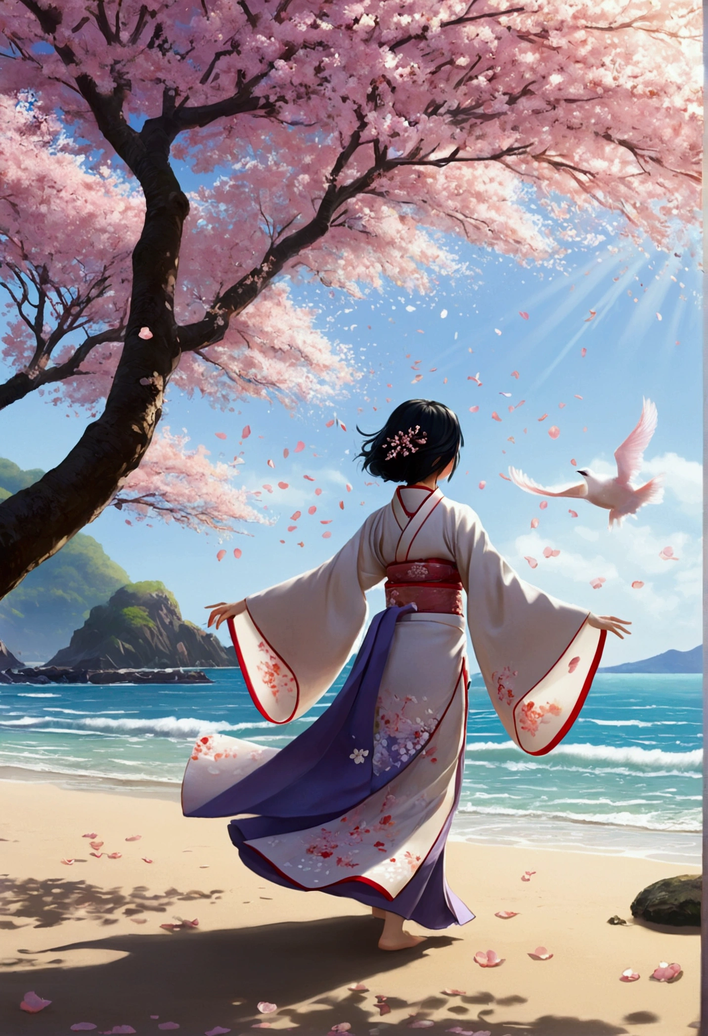 1 girl,Bblack hair, floating hair, seashore,Scenario,paisaje,Cherry blossoms, Falling petals, ray of sunlight,godrays,trunk, Farbe,don,kimono