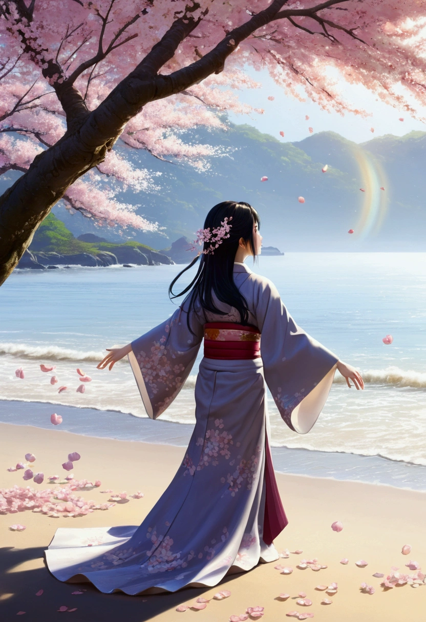 1 girl,Bblack hair, floating hair, seashore,Scenario,paisaje,Cherry blossoms, Falling petals, ray of sunlight,godrays,trunk, Farbe,don,kimono