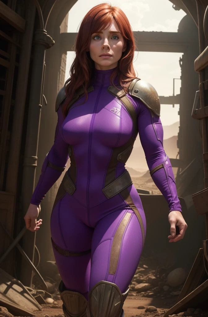 ( wasteland ) Bryce Dallas Howard em um purple bodysuit tong, thighs exposed, athletic body, Smoothly defined musculature, head spun to the side, long hair, Front view, full body perspective, 32K Realism