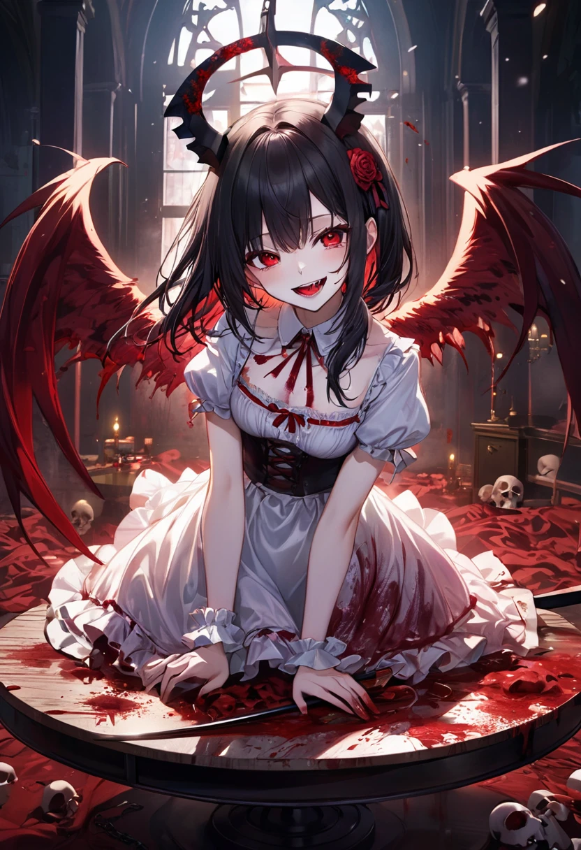 (Highest quality,4K,High resolution,masterpiece:1.2),Very detailed,Realistic:1.37,Spooky altar background,Dark fantasy,Red color scheme,Ominous atmosphere,Eye-catching,Storytelling,anatomy,Anime Style,Concept Art,beautiful細部までこだわった顔と (((Red eyes ))),A terrifying ritual ,Satanic Ritual,Premature death,inappropriate behavior,クレイジーなsmile,Scythe Face,Girl Monster, beautiful, Delicate facial features, Sharp Eye, Sharp Fangs, pale skin, Thick chain, Dark Background, Cinema Lighting, Dramatic Shadows, Gothic style, Gloomy atmosphere, Dark fantasy, One Girl, , Please open your mouth wide, Open your mouth and baring your teeth,Sharp teeth like a beast, Wide lips, very wide mouth, Vermilion cheeks, ,(Blood splatter:1.4),Scary smile, smile,Fallen angel design, Twisted smile、Bloody、bleeding from the head,,,,,、Blood splatter、,(Blood splatter:1.4),Crossbones, skull,Horror Style, ((Fantasy Fallen Angel Costume)), ((Flowing black hair)), ,(Blood splatter:1.4),Female curves, Sexy flat stomach, Perfect hands, Perfect anime face, ((White Lolita Dress)), Are standing, ((邪悪なsmile)), ,(Blood splatter:1.4), Steam circulates, Moonlight Illumination, night lighting, disaster々new devil horns,,(Blood splatter:1.6),アニメFallen angel design, Twisted smile、Bloody、bleeding from the head,,,,,、Blood splatter、,(Blood splatter:1.4),Crossbones, skull,Gothic architecture、Western architecture、Fantasy World、,Victorian cities, Skeleton Gas Light,Absurd, High resolution、 ((Tabletop)), ((Highest quality)), (Very detailedな), ((Very detailed)), (beautiful), ((pretty girl)), (NFSW:1.8), alone,(10 years old:1.6)、(world&#39;The most terrifying and creepy demon girl:1.5)beautiful face、Whole Body Ezbian、pale, Beautiful Skin、beautiful黒の髪、Smiling Kindly、Dark building ruins、(snow white&#39;Frill dress:1.3)、(The dark ruins are stained with blood:1.3)、Low angle full body shot、(少女は血の海の中にAre standing:1.5)、(The ground is full of blood:1.3)、(The girl lost a lot of blood...:1.3)、)、(クレイジーなsmile:1.6)、Spirits、(Blood dripping from the mouth:1.3)