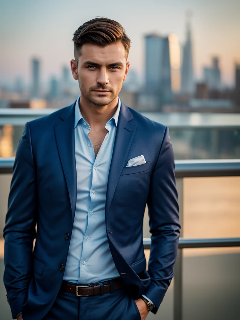 Man in a blue expensive shirt, top button undone. Slavic appearance, short haircut, Brown hair, hair combed back, confident look, looks at the camera, with the city in blur in the background, 135mm focal length, Canon, Диафрагма F2.8, background blur,