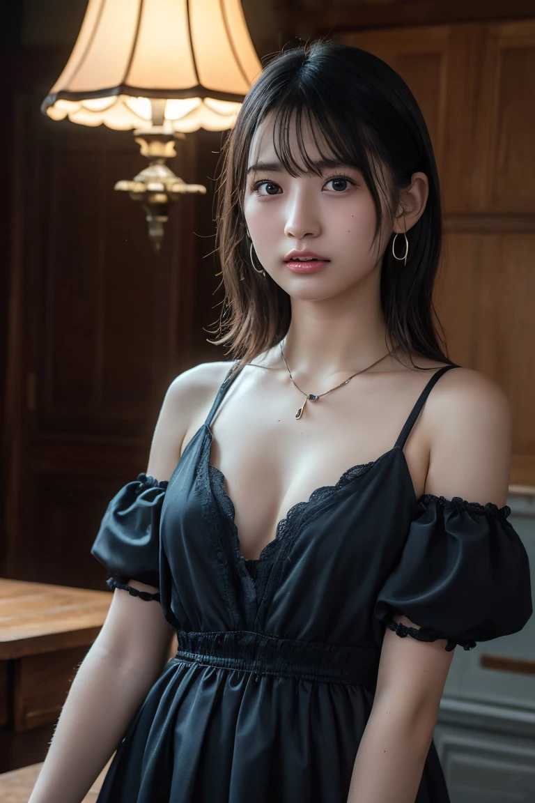 (Highest quality:1.4),(masterpiece:1.4),(Realistic:1.4),(Realistic:1.2),(超High resolution, RAW Photos:1.4),(High resolution, Ultra-detailed:1.2),(8k:1.2),View your viewers,Cinematic photography,One girl,skeletally correct,Black-haired woman,Woman in her early 20s,(Small earrings,necklace,Party dress with a plunging neckline),(Western-style building interior,Dimly lit room,The lamplight shines on my cheeks)