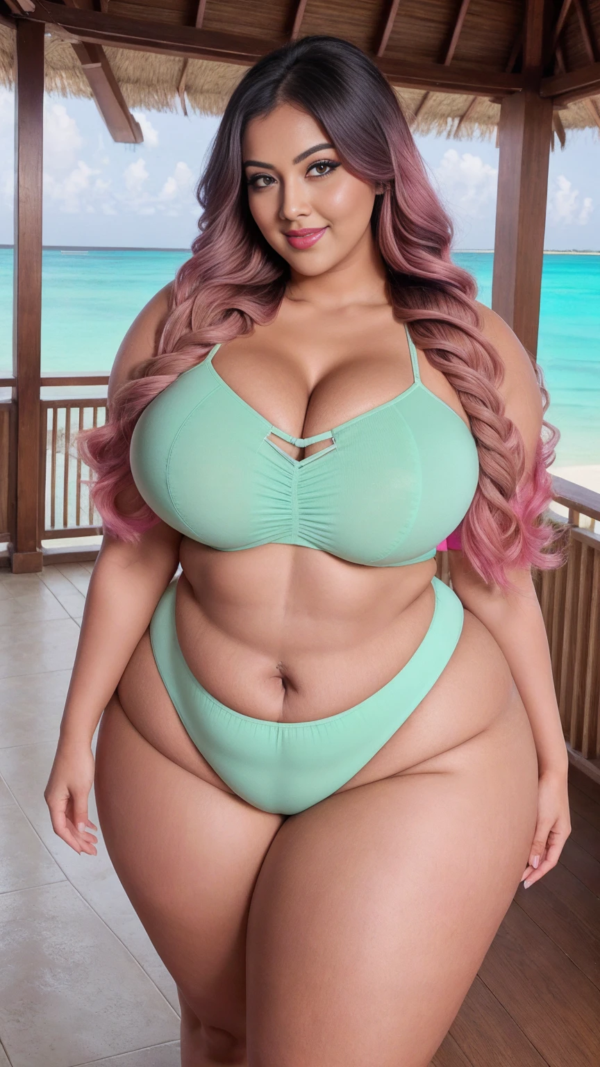 gorgeous curvy plus size Indian bengali actress ritavori , glowing eyes, wearing SHEIN Teen Girl Lettuce Trim Hanky Hem Crop Tee
Color: Hot Pink
, covered Bust, parted lips, blushing cheeks, thick thighs, bigger waist, busty, curvy plus size body, full body, full body shot, head to toe view, smoothning burgendy color hair with pfrench braid hairstyle, hourglass body, curvy plus size body, smile face, bigger waist, busty, big hips, fleshy thighs, thick thighs, busty, full body view, Maldives: Pristine beaches with overwater bungalows and crystal-clear waters.