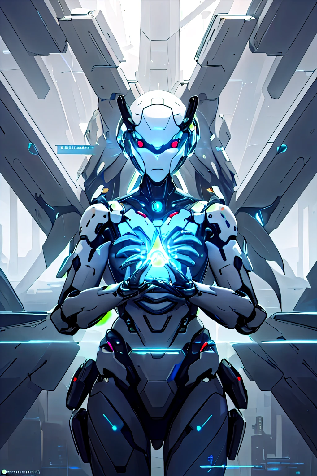 futuristic city, where modern architecture merges with natural elements, symbolizing the harmony between technology and life. In the middle, A human figure interacts with an artificial intelligence represented by a series of lights and floating geometric patterns that surround the figure, creating an effect of connection and symbiosis