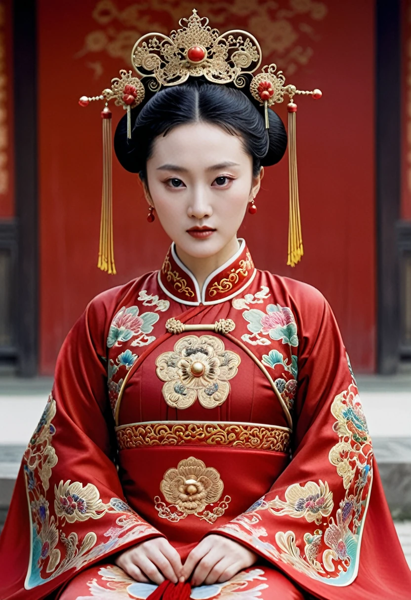 Chinese actress Ruyi Den's Jyou Xun (Zhou Xun) similar face Qing Dynasty empress seen from front full body empress red costume open and out looking big breasts and hairy pussy.
Hair style of Chinese empress with large crown, hair parted from center of forehead to left and right, tied back, hair tied up with ornamental hair, outside stone tatami of Chinese palace of Qing Dynasty.