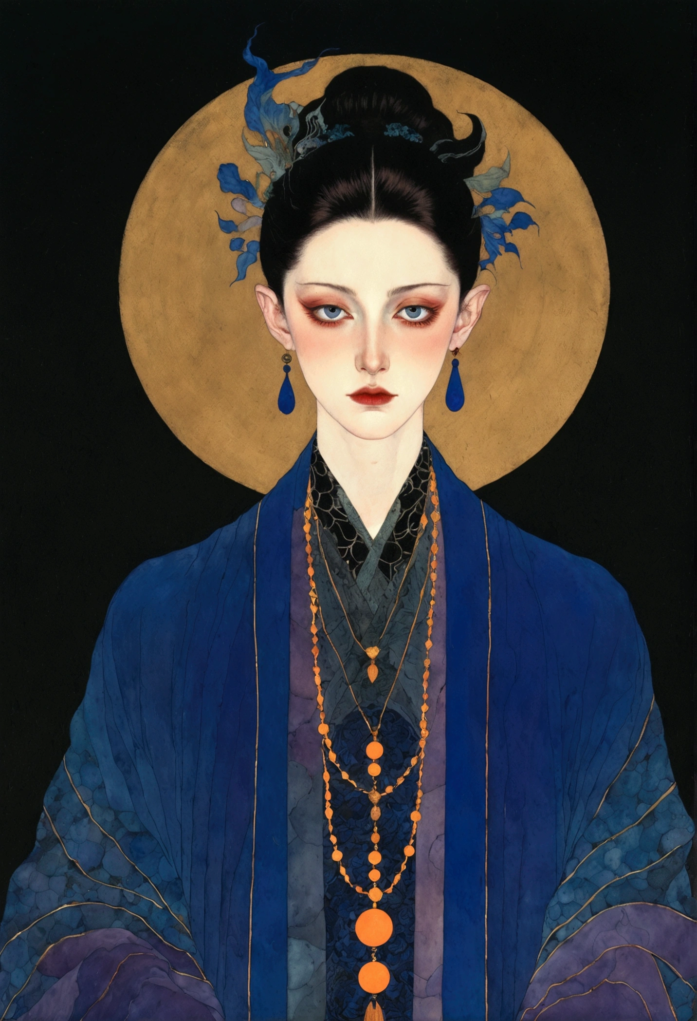 The art of math,Digital Illustration,Drawing,Decorative paintings,Watercolor,(((Harry Clark (Harry Clarke) style,圣地亚哥·卡鲁索style))),Simple,clean,Fine painting style,(((The third eye on the forehead。short hair,Pointed ears,robe))),Wide Angle,Black and blue,Solid color background,Human anatomy is correct