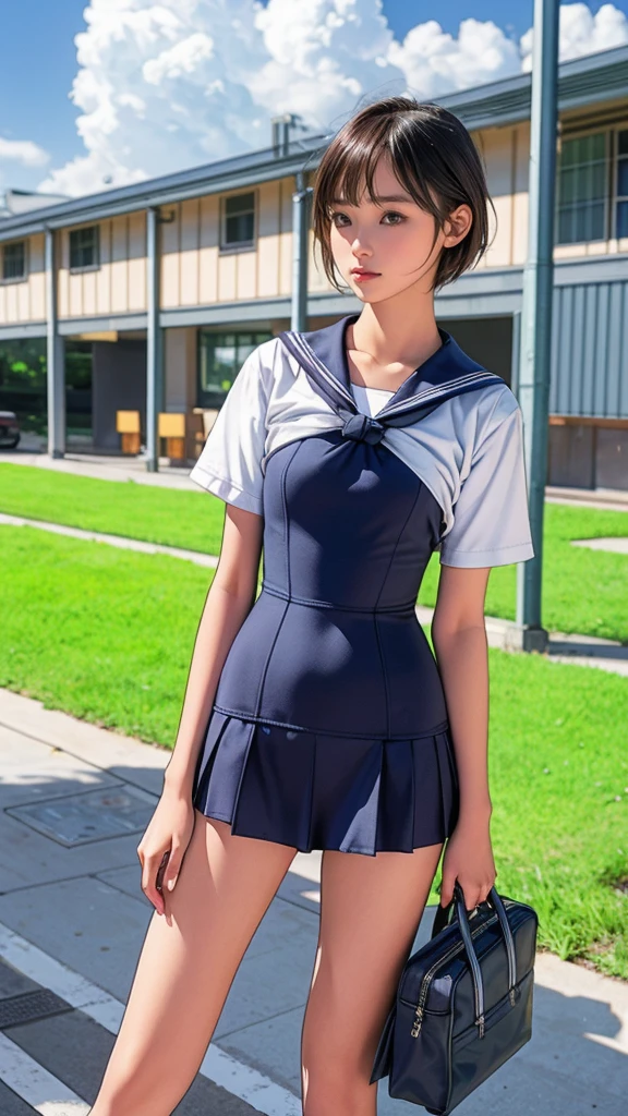 Girl Standing In Schoolyard, Cumulonimbus clouds floating in the summer sky, (Navy blue school swimsuit:1.1), (On a white sailor shirt), school bag, , (Very slim:1.4), Thin thighs, knees, Brown eyes, Short hair tied low