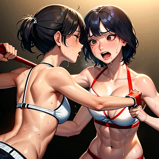 two bloody japanese girl fighters are fighting in the octagon ring. The girls thrust their fists toward opponent's face each other. they have no energy. they have short-cut black hair, shortness of breath, drool from her mouth, closed eye, exhaustion, and sweat soaked. open finger grobe. Muscularity. Six pack abs. Erect nipples. they are wearing bikini.