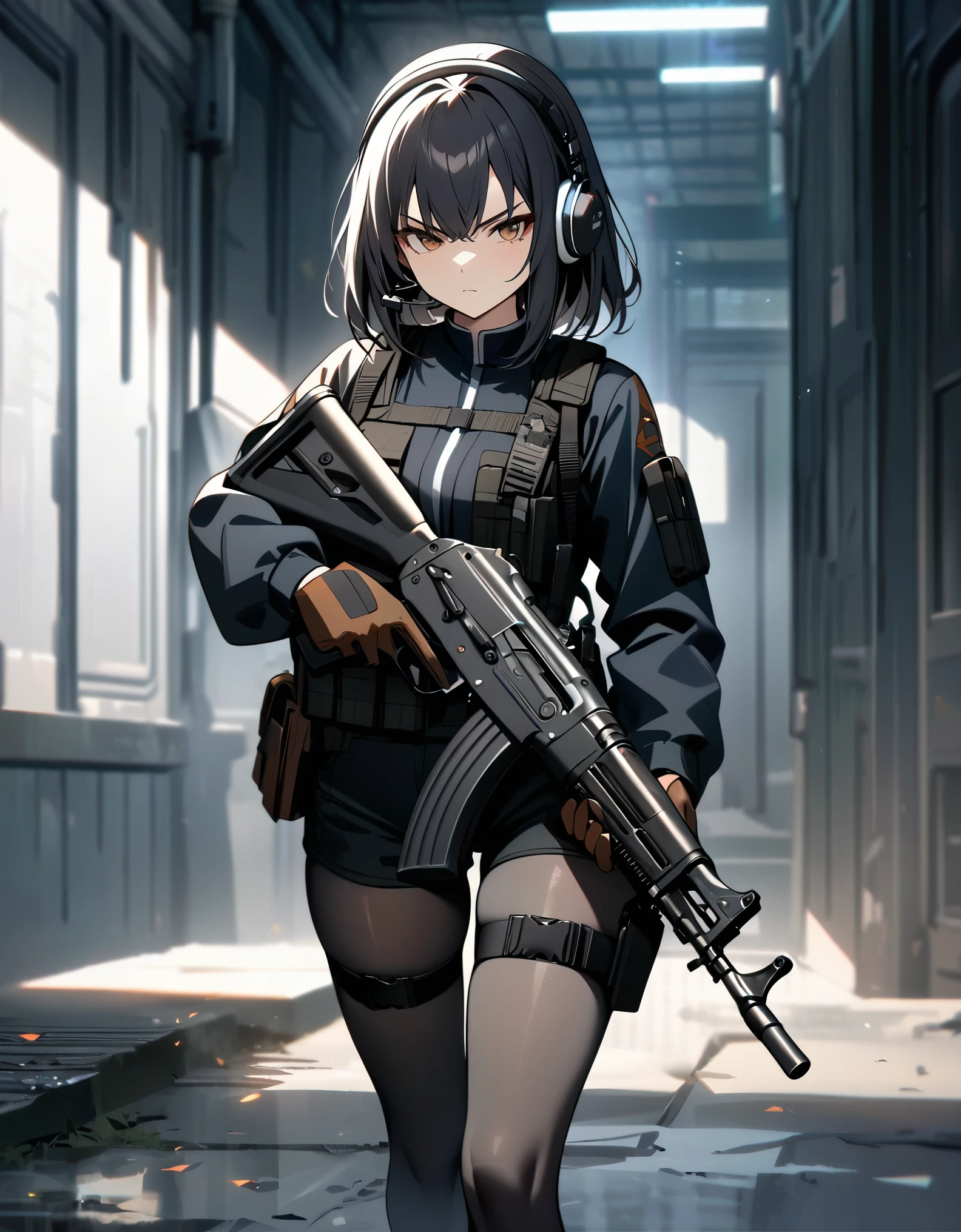 (masterpiece, best quality, high quality, highres, ultra-detailed), 1girl, muslim, brown eyes, full body, gloves, black hair, serious, stoic, headset, holster, kochiy sanae, solo, suppressor, thigh holster, thigh strap, trigger discipline, weapon, medium hair, matching grey pantyhose, black shorts, tights. (using an ak-47).