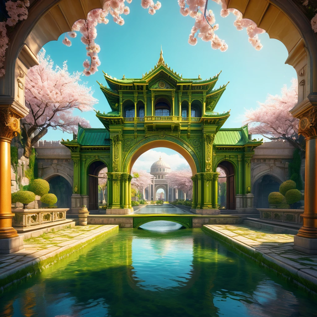 In a beautifully bright futuristic kingdom composed entirely of lemon green-colored buildings, a towering palace of bright amber color and gleaming cream resin column and a center plaza stands as the focal point of the image, limpid water flows in a stream under a decorated arch low bridge through the city streets. The walls of the palace are adorned with intricate carvings of whimsical vines and flowers, cherry blossom. vivid and surreal digital painting highly rendered, cinematic, noon, fantasy house, cinematic, extremely detailed, stylized 3d rendering, stylized 3d rendering, beautiful fairytale rendering, amazing, rustic architecture, beautiful 3d rendering, hyper maximalism, vray tracing, octane rendering, hdr, 32k