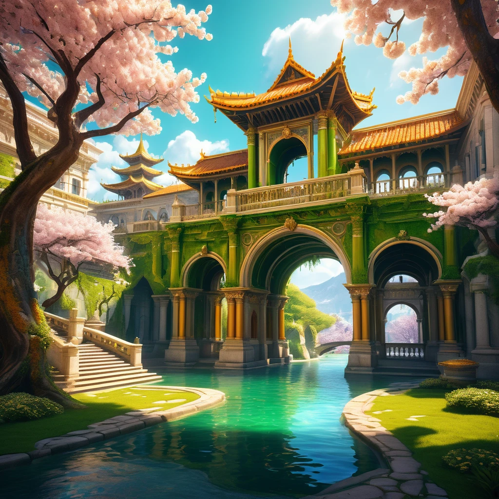 In a beautifully bright futuristic kingdom composed entirely of lemon green-colored buildings, a towering palace of bright amber color and gleaming cream resin column and a center plaza stands as the focal point of the image, limpid water flows in a stream under a decorated arch low bridge through the city streets. The walls of the palace are adorned with intricate carvings of whimsical vines and flowers, cherry blossom. vivid and surreal digital painting highly rendered, cinematic, noon, fantasy house, cinematic, extremely detailed, stylized 3d rendering, stylized 3d rendering, beautiful fairytale rendering, amazing, rustic architecture, beautiful 3d rendering, hyper maximalism, vray tracing, octane rendering, hdr, 32k