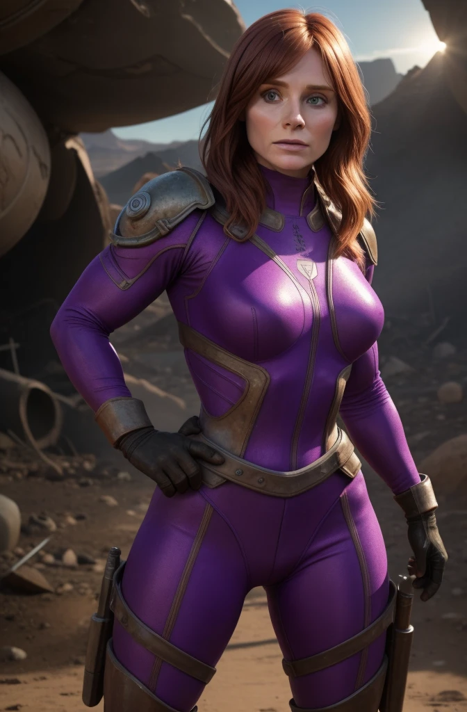 ( wasteland ) Bryce Dallas Howard em um purple bodysuit tong, thighs exposed, athletic body, Smoothly defined musculature, head spun to the side, long hair, Front view, full body perspective, 32K Realism
