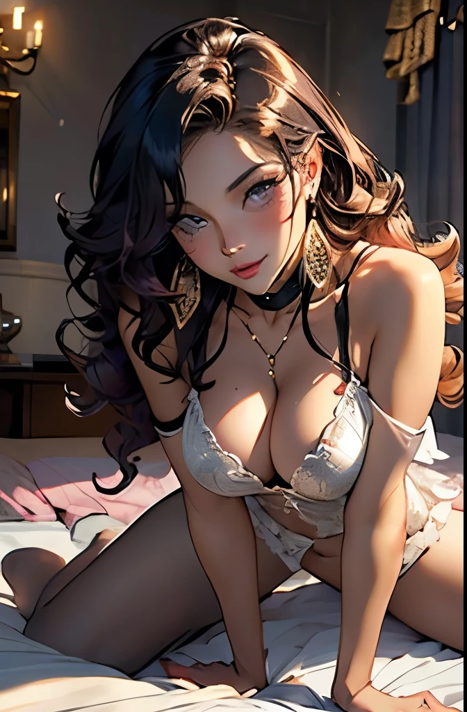 full body, extreme curls hair, luxurious hair, lustful eyes, open mouth smile, aroused 25 years old, playfully aroused, dripping with desire, busty cleavage, pajamas, slim waist, posing by the bed, coy smile with open parted lips, (blushing:1.3), looking lovingly at the viewer, seductive eyes, facing the viewer, bedroom background, champagne, in love (pov), LOVING GESTURE, glowing eyes, chocker, earrings, nsfw,