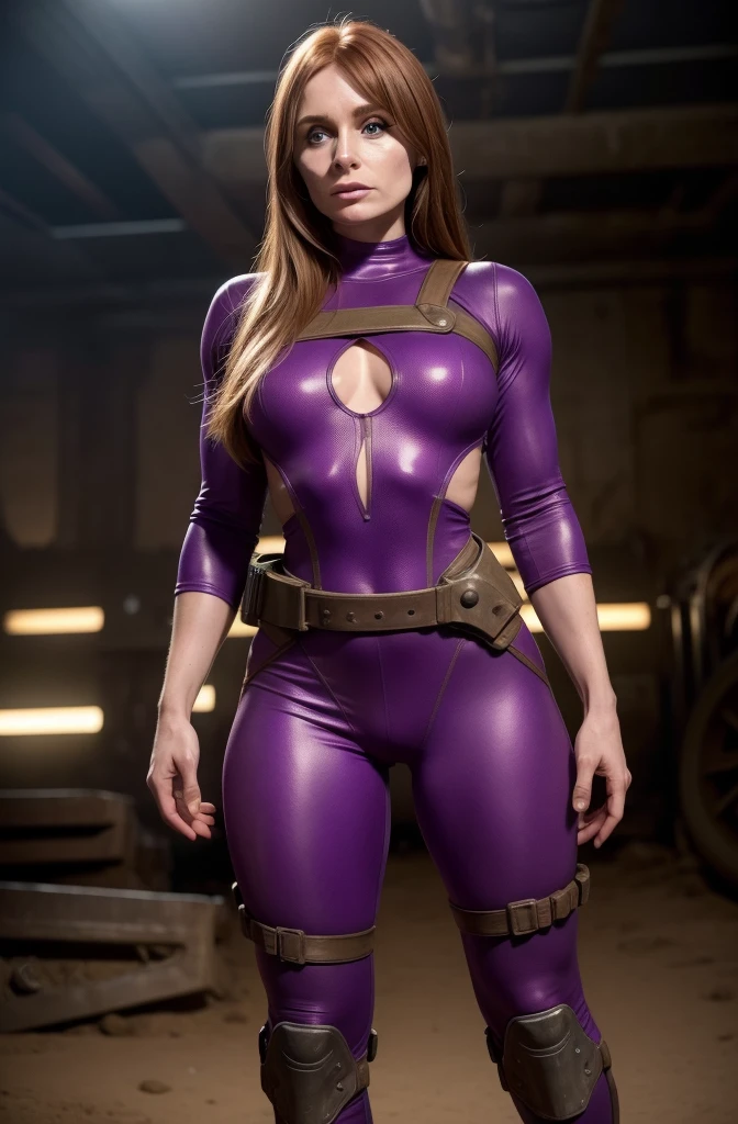 ( wasteland ) Bryce Dallas Howard em um purple bodysuit tong, thighs exposed, athletic body, Smoothly defined musculature, head spun to the side, long hair, Front view, full body perspective, 32K Realism