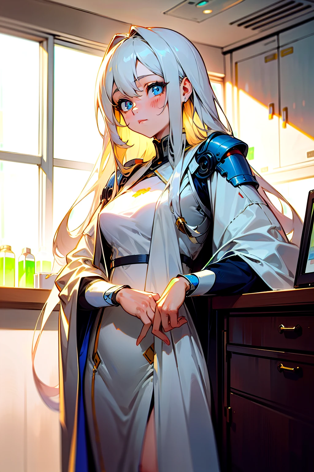 Best quality, (masterpiece:1.2), illustration, (Beautiful detailed girl), gentle face, Soft light and shadows, super excellent, 8к HD, (masterpiece:1.4), (finely detailed beautiful eyes: 1.2), in the lab, doctor, в full height, 20 years, future, in clothes, robe, white long hair, tech suit of the future, full height