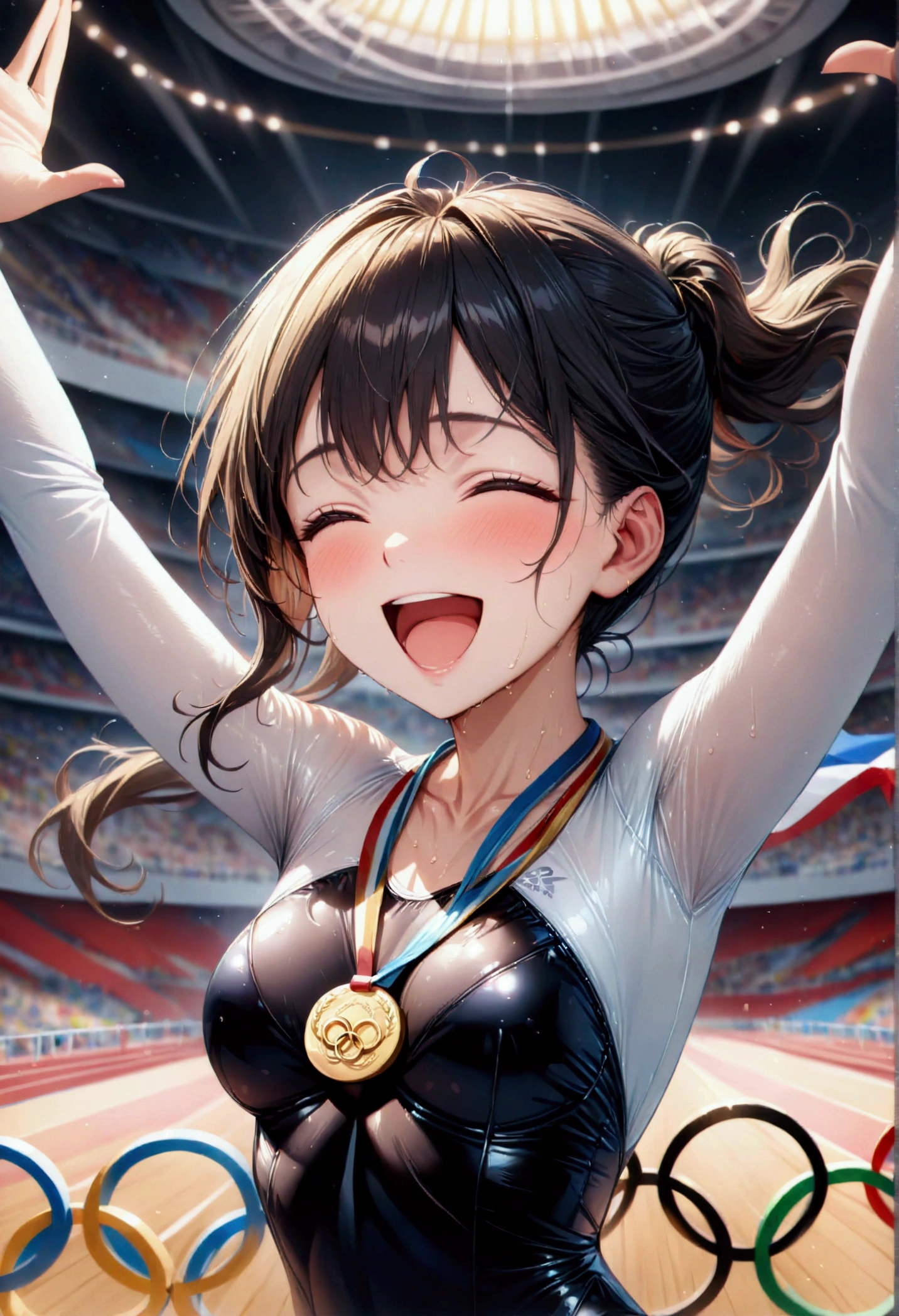 awards ceremony, gold medal worn around the neck, open mouth, happy, (masterpiece:1.2), best quality, high quality, (hyper detailed), 4K, high resolution, extremely detailed CG, Olympic, Artistic gymnastics, gymnastics leotard, long sleeve leotard, athletic leotard, indoor, upper body,