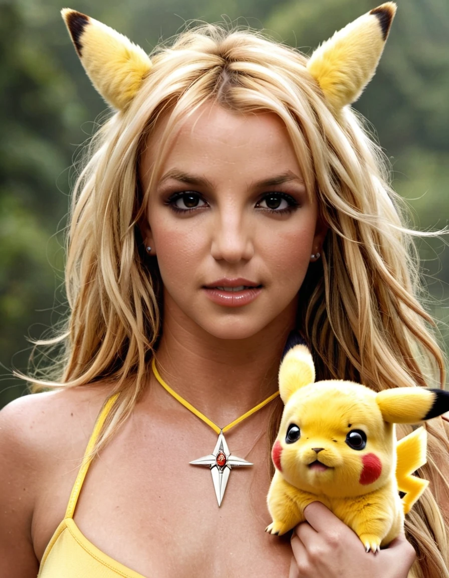britney spears com fantasia de pikachu pokemon,best qualityer, realisitic, realisitic, award-winning illustration, (Highly detailed face and skin texture), (fully body), (Complicated Detail: 1.2), (finely detail), (Complicated Detail), (Cinematic Lights, luz de fundo de best qualityer), Sharp lines, sharp focus, offcial art, unity 8k wallpaper , absurdrez, unbelievably absurd, huge filesize, ultra girl , Fantasyart, RTX,((Closing-up photo by award-winning studio)), , (Shut your mouth), , perfect hands, beautiful detailed eyes, face perfect