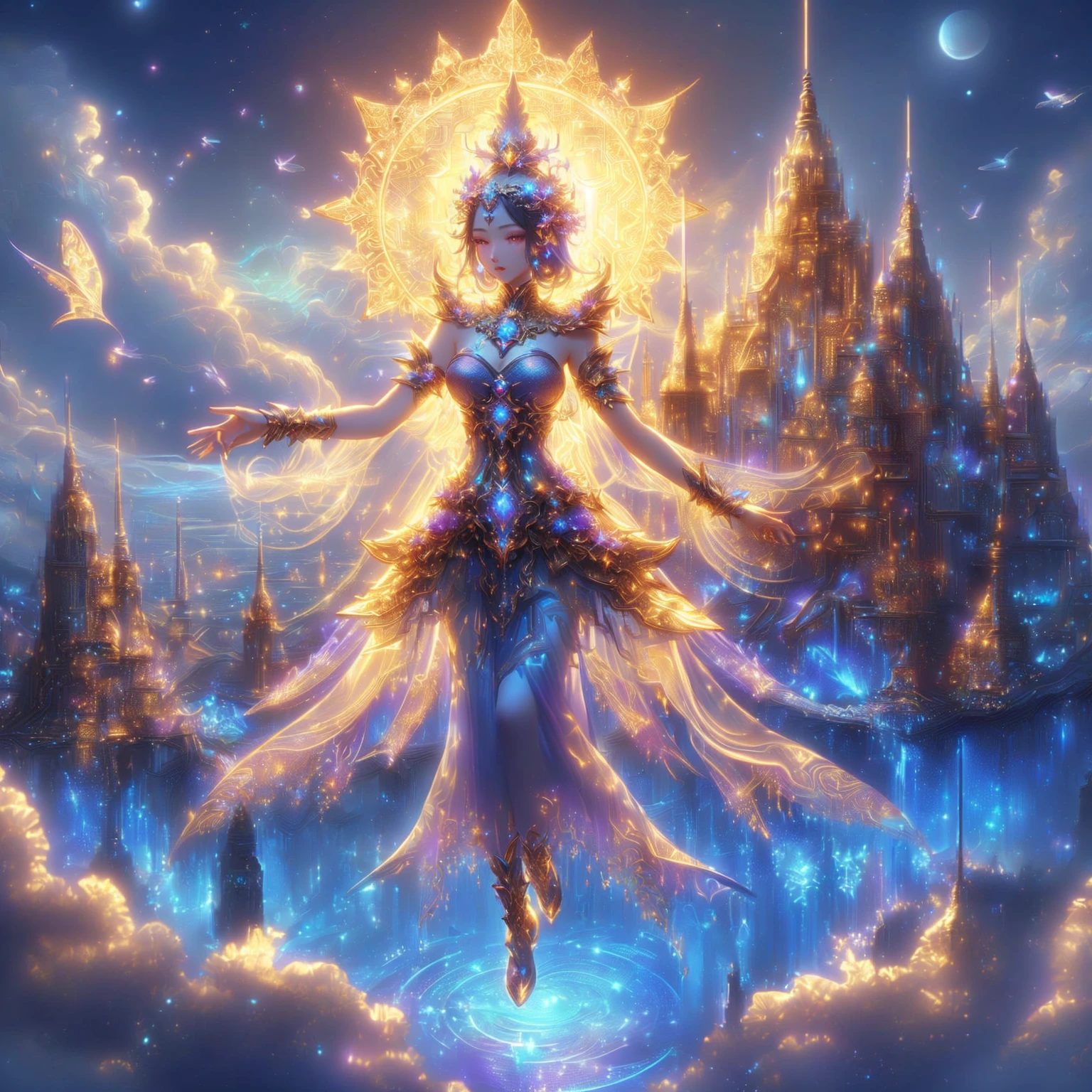 A woman in a purple dress and golden armor with a glowing halo.,Black hair, beautiful celestial mage, portrait Knight of the Zodiac, anime goddess, goddess of heaven, Beautiful Fantasy Empress, Masterpiece of the Goddess of Sorrow, Knight of the Zodiac, ((Beautiful Fantasy Empress)), Fantasy anime artwork, Goddess of the Galaxy, fantasy anime illustration, Goddess of Light, A very detailed RTM pathogen.