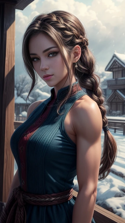 shenhedef, Upper part of the body, seductive look, blush, outdoor, snowflake landscape, looking at the viewer, cloudy, changing lighting, (Eyes with perfect details:1.2), bright Eyes, (long hair a braid:1.2), elemental skill effect, (masterpiece, Best Quality, high quality:1.4), professional artwork, intricate details, field of view, sharp focus, detailed painting, photorealistic lighting, trend on pixiv, (vivid lighting, vibrant colors:1.05), realistic shadows, ambient occlusion, (athletic body:1.3), mature woman, 30 years,