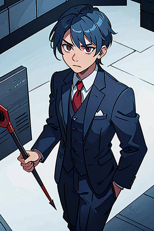 blue hair boy wearing suit with red eyes and serious