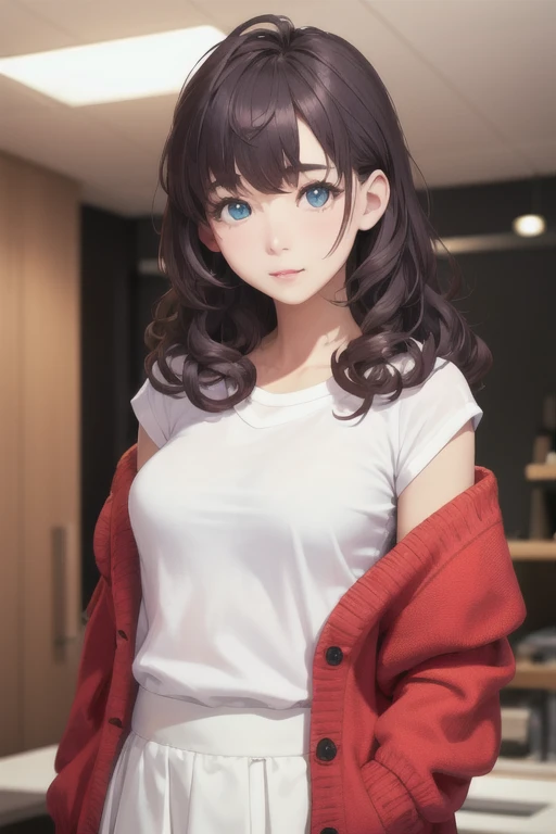 girl,Character design sheet,Beautiful attention to detail,Beautiful lip detail,Very detailed目と顔,Long eyelashes,Realistic,photoRealistic:1.37,Very detailed,Professional,Vibrant colors,Studio Lighting,Sharp focus,Physically Based Rendering,High resolution,超High resolution. blue eyes,Big eyes， Long Hair，Curly hair、Black Hair，Red cheeks，Droopy eyes，Small breasts，Jacket，Red cardigan，White T-shirt，White long skirt，