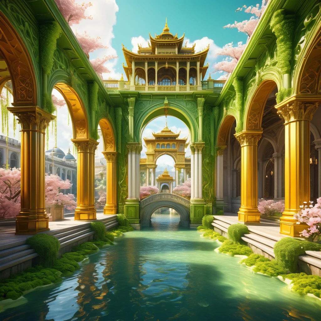 In a beautifully bright futuristic kingdom composed entirely of lemon green-colored buildings, a towering palace of bright amber color and gleaming cream resin column and a center plaza stands as the focal point of the image, limpid water flows in a stream under a decorated arch low bridge through the city streets. The walls of the palace are adorned with intricate carvings of whimsical vines and flowers, cherry blossom. vivid and surreal digital painting highly rendered, cinematic, noon, fantasy house, cinematic, extremely detailed, stylized 3d rendering, stylized 3d rendering, beautiful fairytale rendering, amazing, rustic architecture, beautiful 3d rendering, hyper maximalism, vray tracing, octane rendering, hdr, 32k