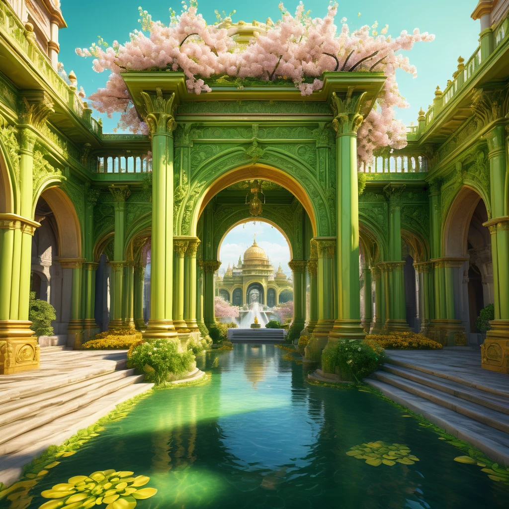 In a beautifully bright futuristic kingdom composed entirely of lemon green-colored buildings, a towering palace of bright amber color and gleaming cream resin column and a center plaza stands as the focal point of the image, limpid water flows in a stream under a decorated arch low bridge through the city streets. The walls of the palace are adorned with intricate carvings of whimsical vines and flowers, cherry blossom. vivid and surreal digital painting highly rendered, cinematic, noon, fantasy house, cinematic, extremely detailed, stylized 3d rendering, stylized 3d rendering, beautiful fairytale rendering, amazing, rustic architecture, beautiful 3d rendering, hyper maximalism, vray tracing, octane rendering, hdr, 32k