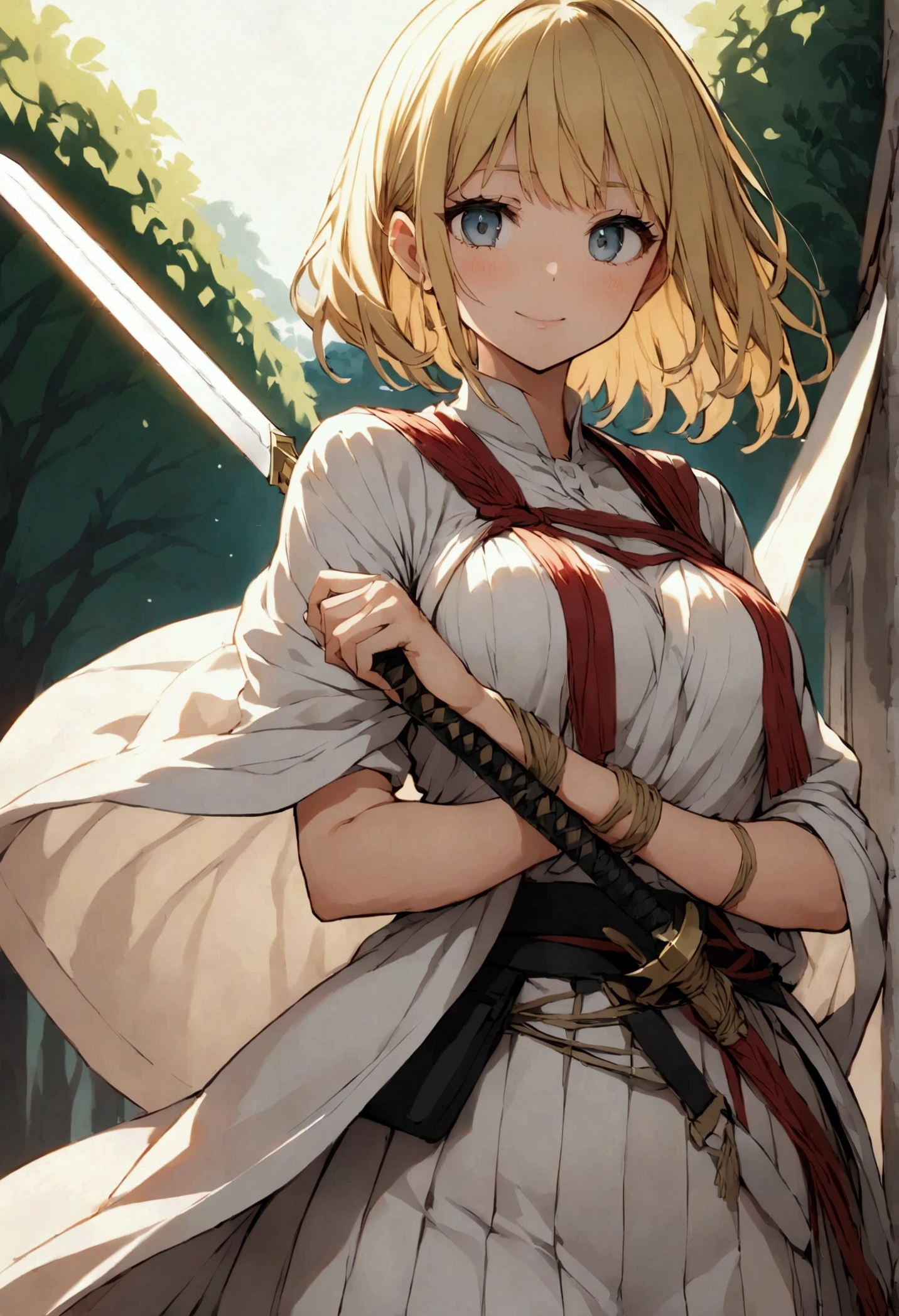 She holds the sword tightly, A blade shining in the light, Reflects your expertise and combat readiness. The sword is precisely carved, Tsukato (cable) Wrapping up the messenger (code) Carefully woven.