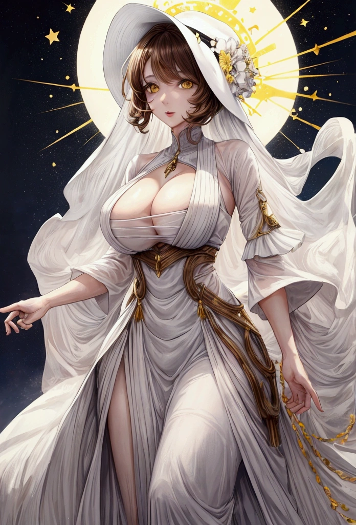 34-year-old woman, yellow eyes, short brown hair, pale skin, height of 2 meters and 90 centimeters, wearing a long white dress with a white hat, large breasts 