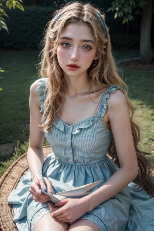 emily rudd, Alice in Wonderland , ultra realistic high quality image, White skin, Red lips, blue eyes, White dress,