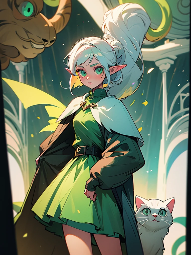 Girl elf with white hair and green iridescent eyes in a skirt and a coat on her shoulders, a bag with a cat inside
