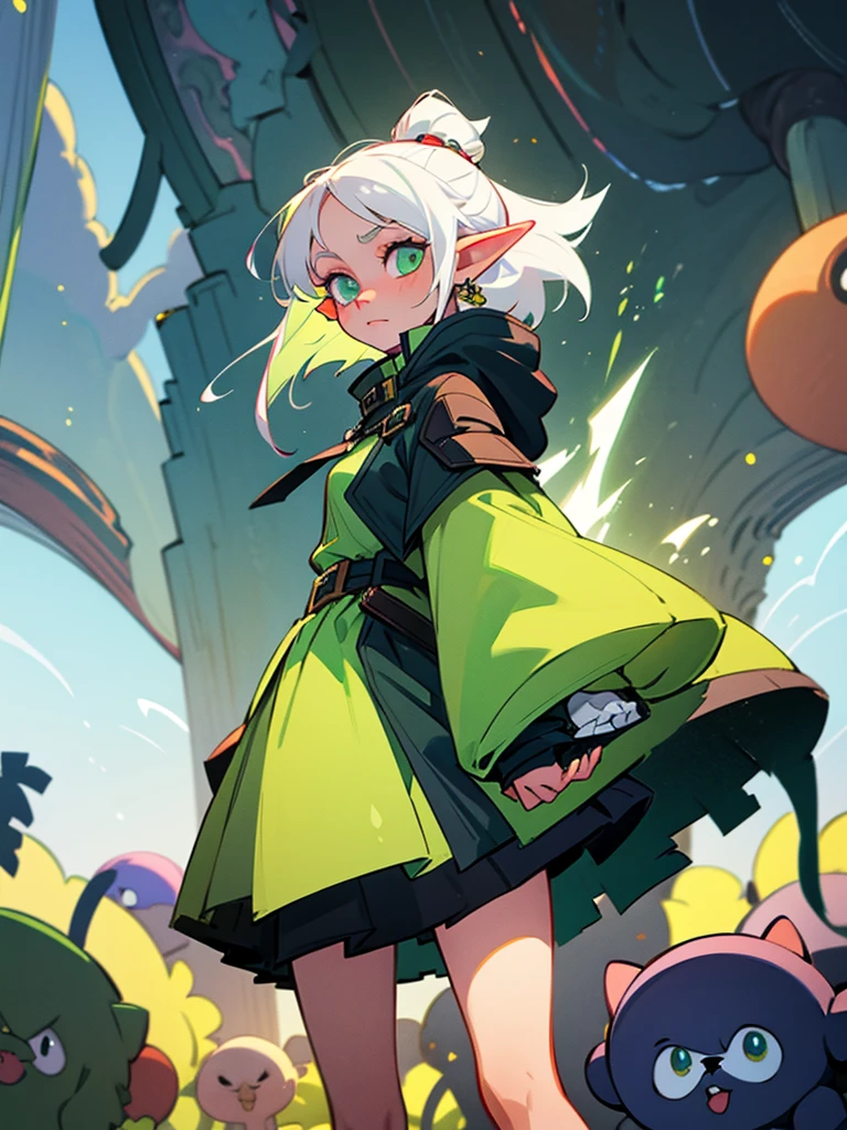 Girl 16 years old elf with white hair and green iridescent eyes in a skirt and a coat on her shoulders, a bag with a cat inside
