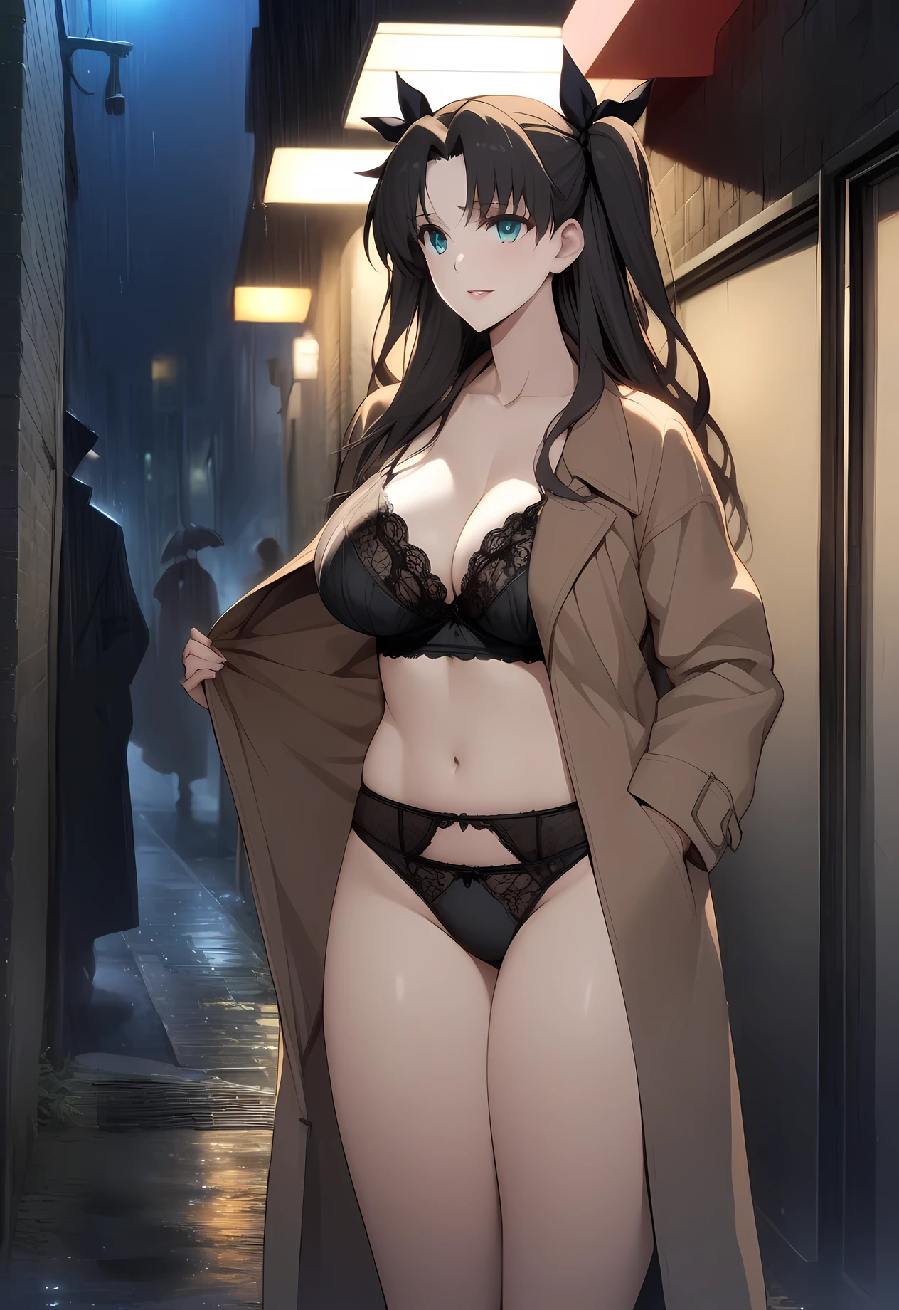 mature_lady,masterpiece, best quality, very aesthetic, absurdres, 1girl, mature_lady,brown_coat,black_bra,lace_bra, black_panties,standing,full_body,in Late Night Alley,midnight,raining,opening her coat and display her underwears,,tohsaka_rin, fate/stay_night, fate_(series), 1girl, aqua_eyes, black_hair, two_side_up, long_hair,black hair_ribbon,,