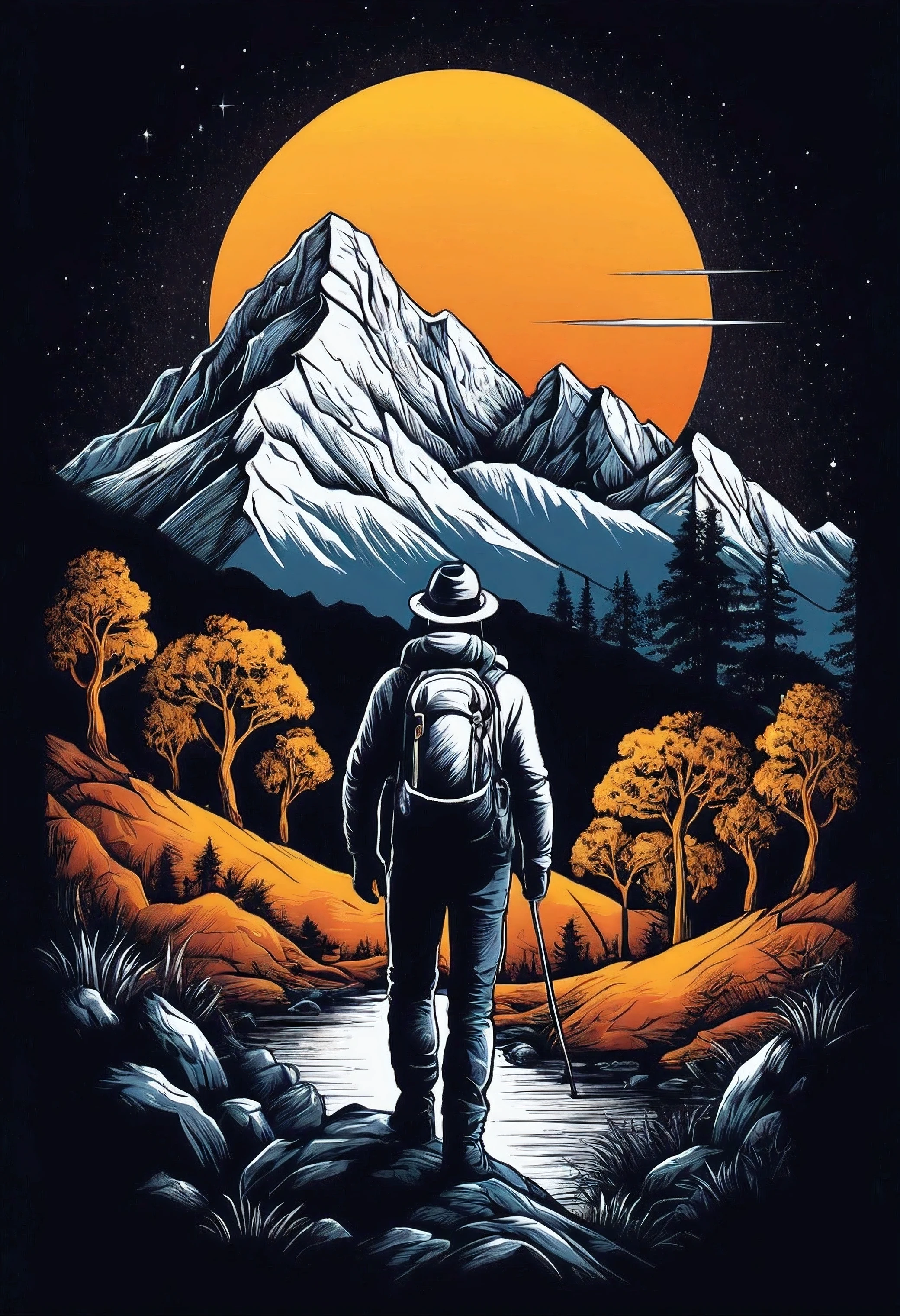 print ready vector t-shirt design, adventure scene with explorer, with beautiful night sun and mountain and an animal in the background, Clean white background, Professional vector, Accurate shot, 8K resolution, Deep print illustration