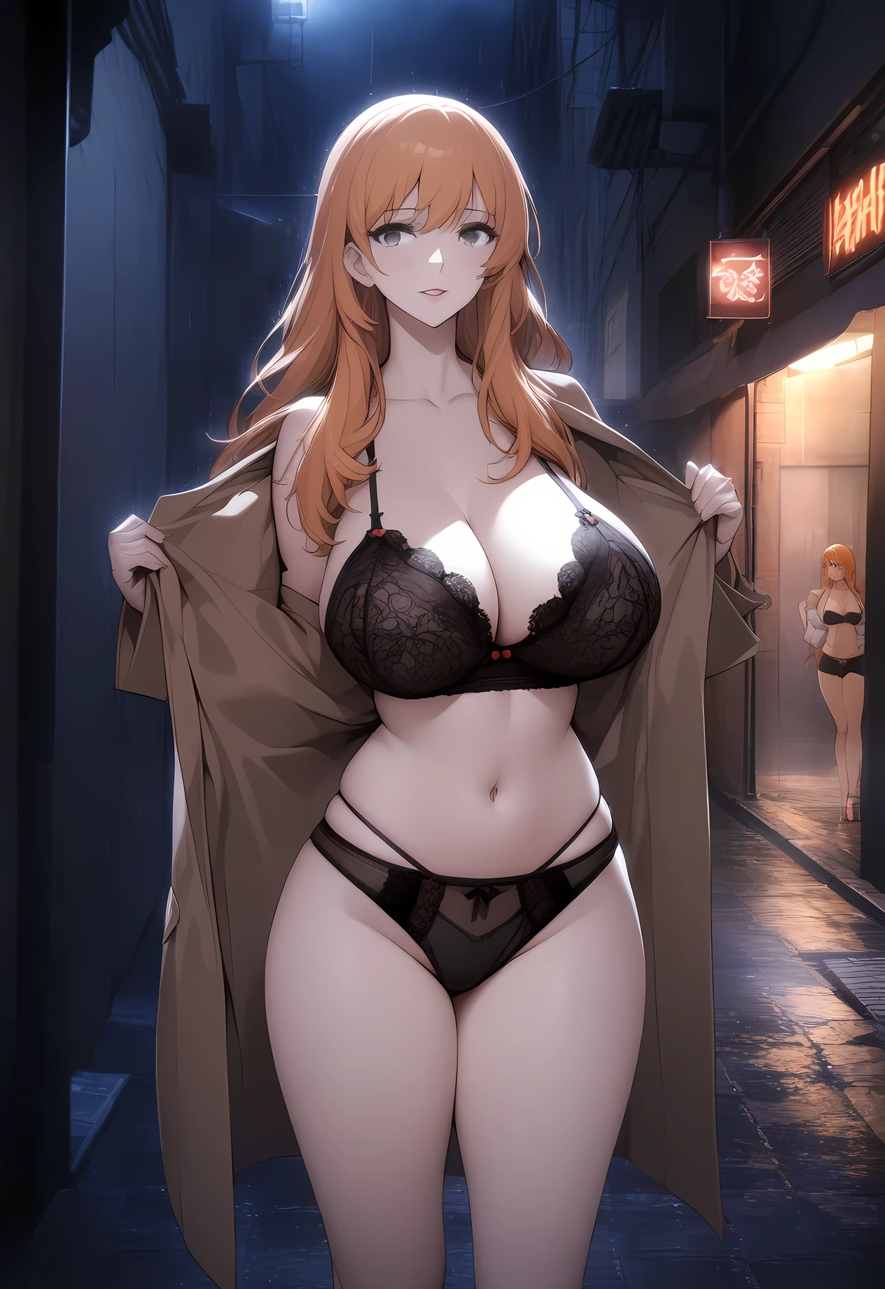 mature_lady,masterpiece, best quality, very aesthetic, absurdres, 1girl, mature_lady,brown_coat,black_bra,lace_bra, black_panties,standing,full_body,in Late Night Alley,midnight,raining,opening her coat and display her underwears,,nami_(one_piece), long_hair, orange_hair, grey_eyes, arm_tattoo, large_breasts,,