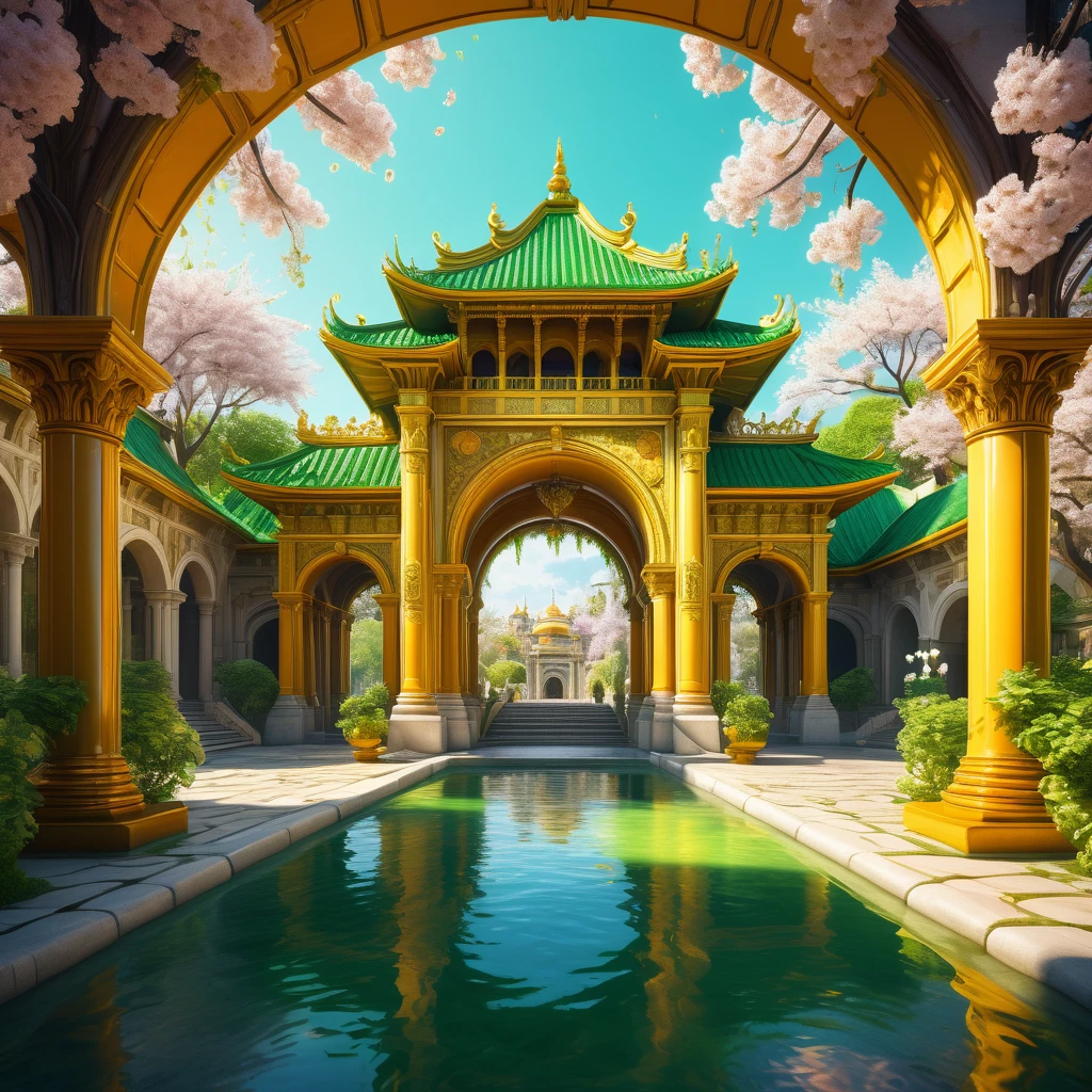 In a beautifully bright futuristic kingdom composed entirely of lemon green-colored buildings, a towering palace of bright amber color and gleaming cream resin column and a center plaza stands as the focal point of the image, limpid water flows in a stream under a decorated arch low bridge through the city streets. The walls of the palace are adorned with intricate carvings of whimsical vines and flowers, cherry blossom. vivid and surreal digital painting highly rendered, cinematic, noon, fantasy house, cinematic, extremely detailed, stylized 3d rendering, stylized 3d rendering, beautiful fairytale rendering, amazing, rustic architecture, beautiful 3d rendering, hyper maximalism, vray tracing, octane rendering, hdr, 32k