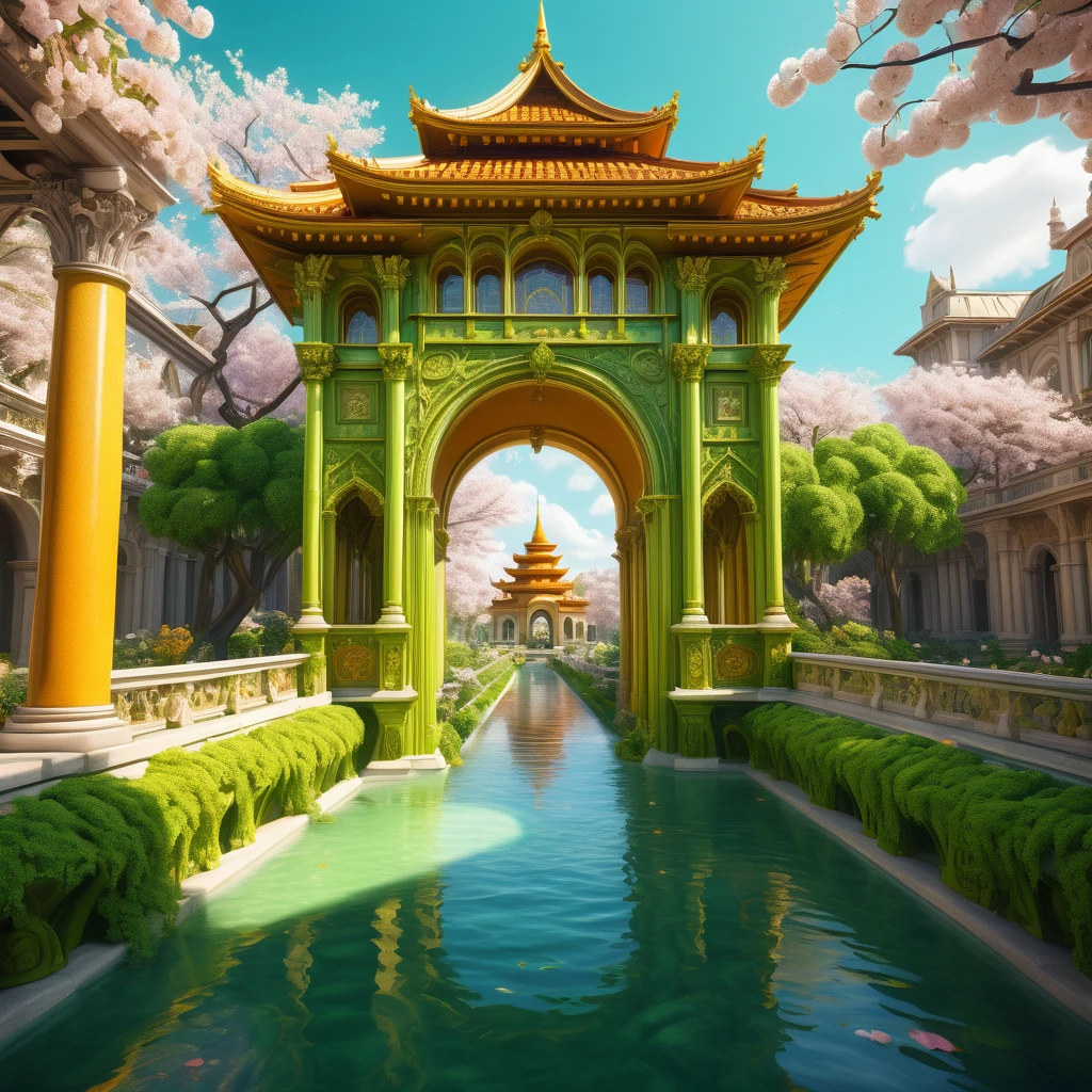 In a beautifully bright futuristic kingdom composed entirely of lemon green-colored buildings, a towering palace of bright amber color and gleaming cream resin column and a center plaza stands as the focal point of the image, limpid water flows in a stream under a decorated arch low bridge through the city streets. The walls of the palace are adorned with intricate carvings of whimsical vines and flowers, cherry blossom. vivid and surreal digital painting highly rendered, cinematic, noon, fantasy house, cinematic, extremely detailed, stylized 3d rendering, stylized 3d rendering, beautiful fairytale rendering, amazing, rustic architecture, beautiful 3d rendering, hyper maximalism, vray tracing, octane rendering, hdr, 32k
