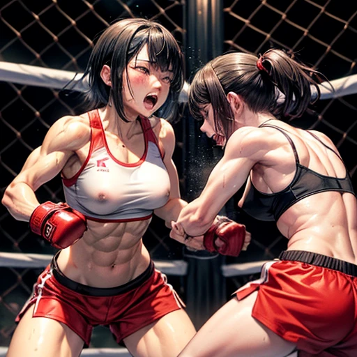 two bloody japanese girl fighters are fighting in the octagon ring. The girls thrust their fists toward their opponents. they are attacking opponent's face each other by dynamic punch. they have no energy. they have short-cut black hair, shortness of breath, drool from her mouth, closed eye, exhaustion, and sweat soaked. open finger grobe. Muscularity. Six pack abs. Erect nipples. they are wearing sports-bra, high-leg shorts.