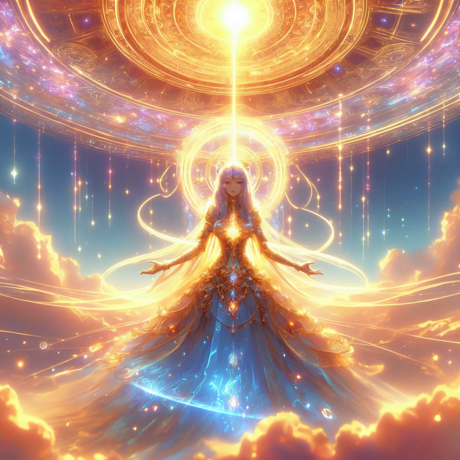 A woman in a purple dress and golden armor with a glowing halo.,Black hair, beautiful celestial mage, portrait Knight of the Zodiac, anime goddess, goddess of heaven, Beautiful Fantasy Empress, Masterpiece of the Goddess of Sorrow, Knight of the Zodiac, ((Beautiful Fantasy Empress)), Fantasy anime artwork, Goddess of the Galaxy, fantasy anime illustration, Goddess of Light, A very detailed RTM pathogen.