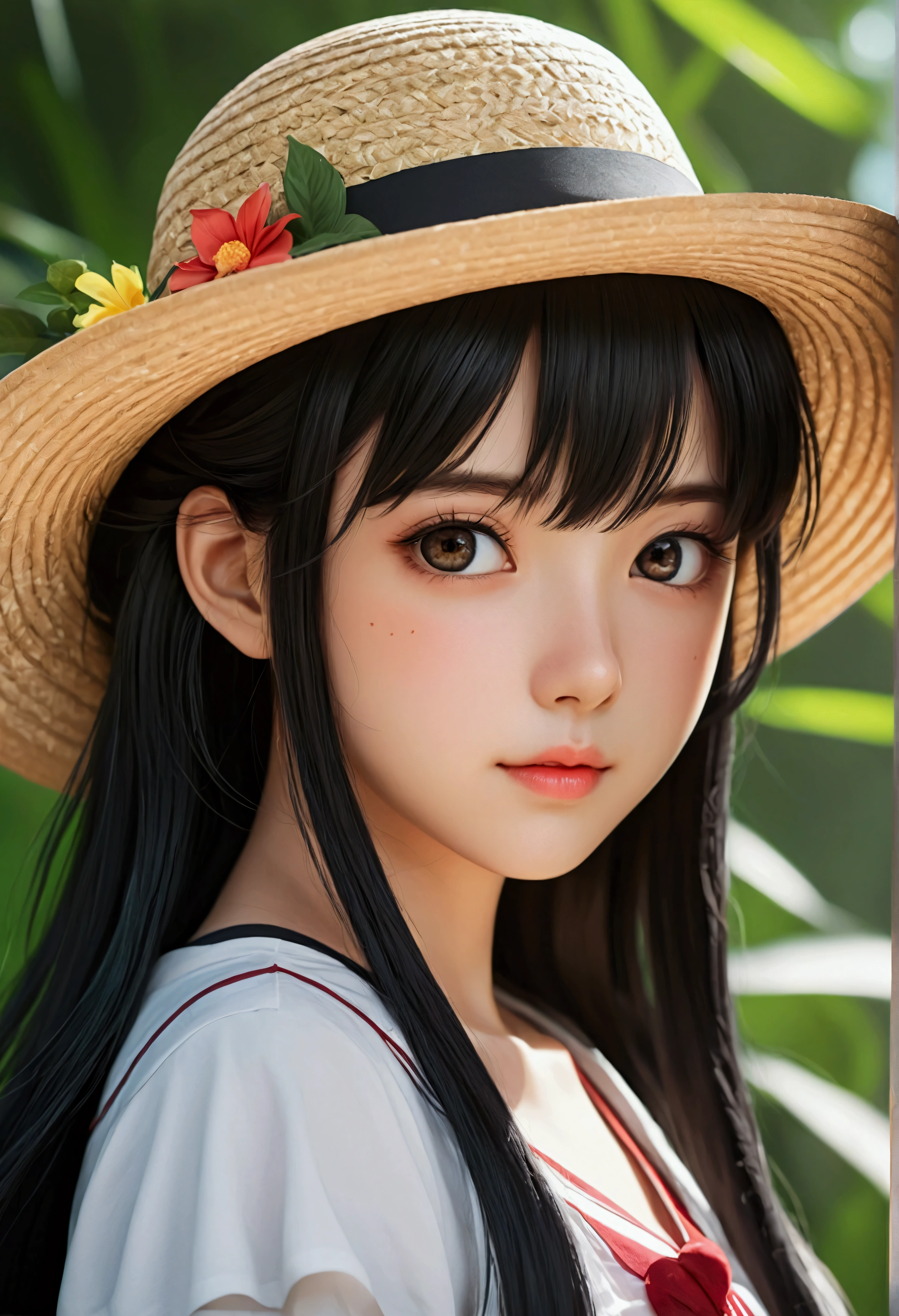 Long black hair anime girl wearing a straw hat, Anime style 4k, Beautiful anime portrait, Anime cute art style, Anime Art Wallpaper 4K, Anime Art Wallpaper 4K, High-quality anime art style, Anime style portrait, Gu Weiss, artwork in the style of Gu Weiss, Detailed digital anime art, anime art wallpaper 8 k, Cute anime girl portrait