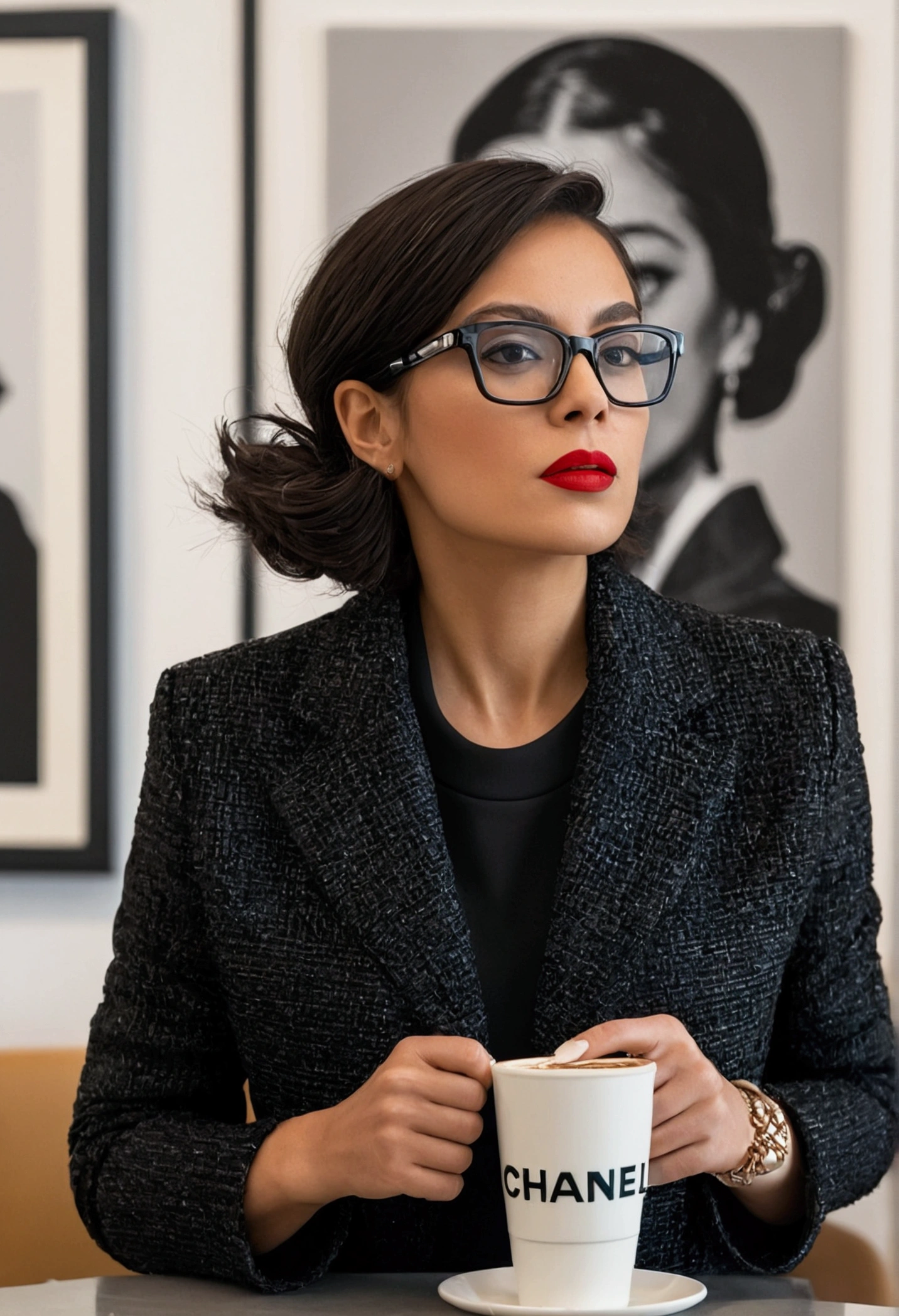 Moda dos anos 2023, medium close up, Canon EF 85mm f/1.2L II USM, Uma mulher cabelos castanhos estilo Chanel, castanho escuro, Wearing Black Rectangular Glasses, is sitting with her coffee in an art gallery in Switzerland（hands straight down）， wearing a black jacket and red lips, emphasis on facial expression, Elegance with art