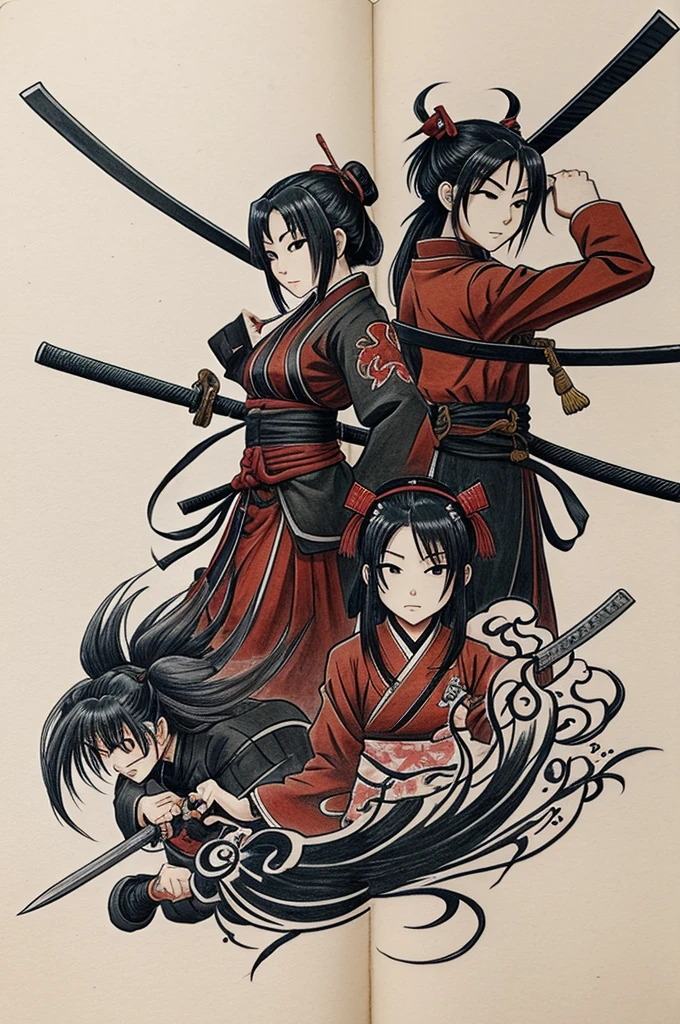Make me a drawing for a tattoo that has the katanas of iguro obnai and kanroji mitsuri from demon Slayer that has their breaths and the connection of the 2