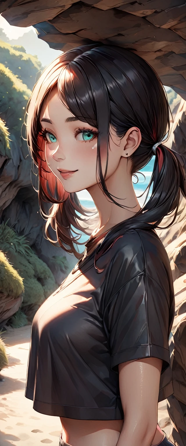 Realistic, photograph, 自然な肌をした女の子のphotograph, ((High Twintails)), , ((Baby Face)), Smiling, ((tilting the head)), From the side, Round face, Red mesh hair, ((Upper Body)), Beach cave, The light is shining in, Black hair with red mesh, Sharp eyes with red eyeshadow, Blue-green eyes, Shining eyes, A thin, upturned nose, Well-shaped lips, ((crop top overhang, Short sleeve, Black clothes, Glamour body)), Makeup, Exquisitely crafted with the utmost attention to detail, Vibrant, amazing, Smooth, Cinematic, 4K, Backlight, (()), Shallow depth of field, ((Detailed eyes:1.3, Detailed lips:1.3, high quality, )), masterpiece, Super detailed images, High quality