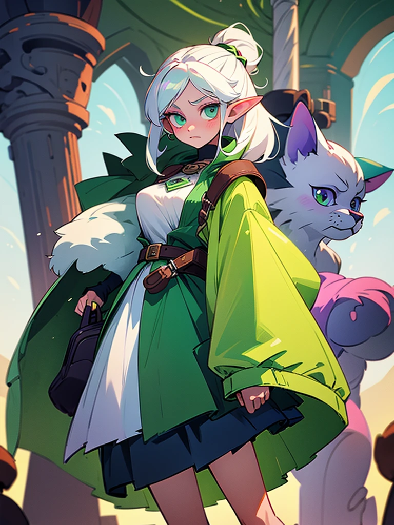 Girl 16 years old elf with white hair and green iridescent eyes in a skirt and a coat on her shoulders, a bag with a cat inside